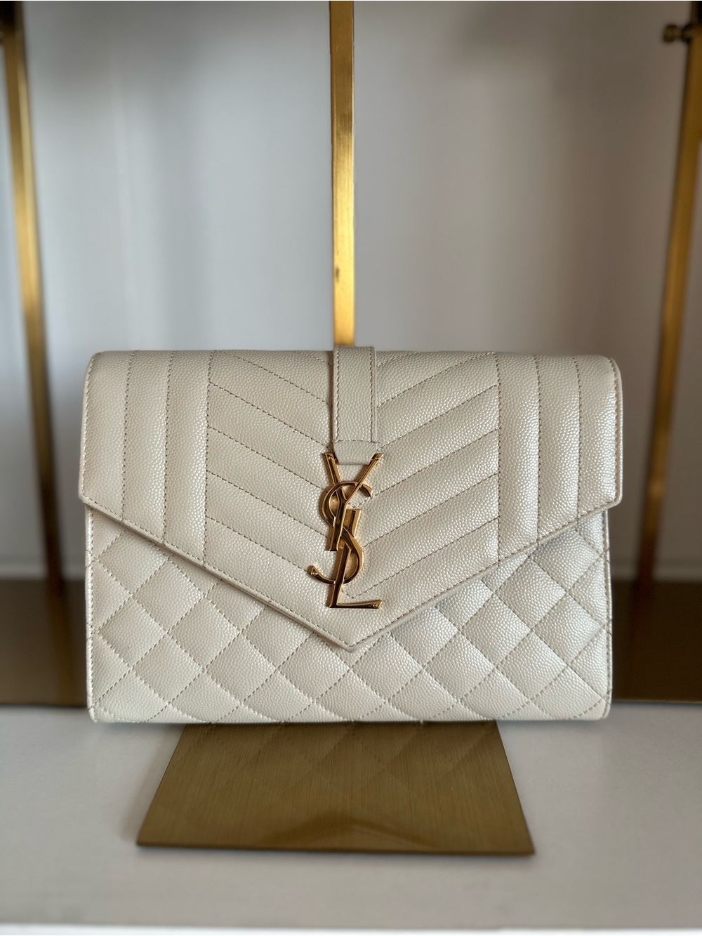 Saint Laurent Ivory Quilted Envelope Clutch with Gold hardware